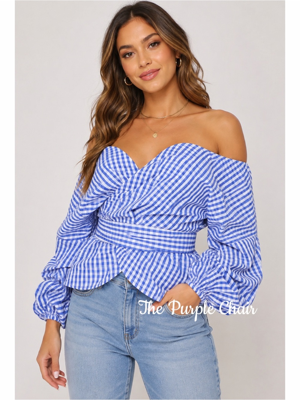 FASHION NOVA NWT Blue/White Gingham Off The Shoulder Wrap Top M